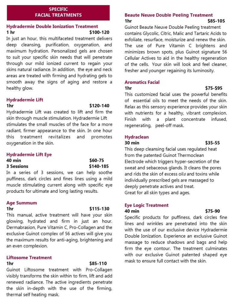Guinot Menu Guinot Menu of Services