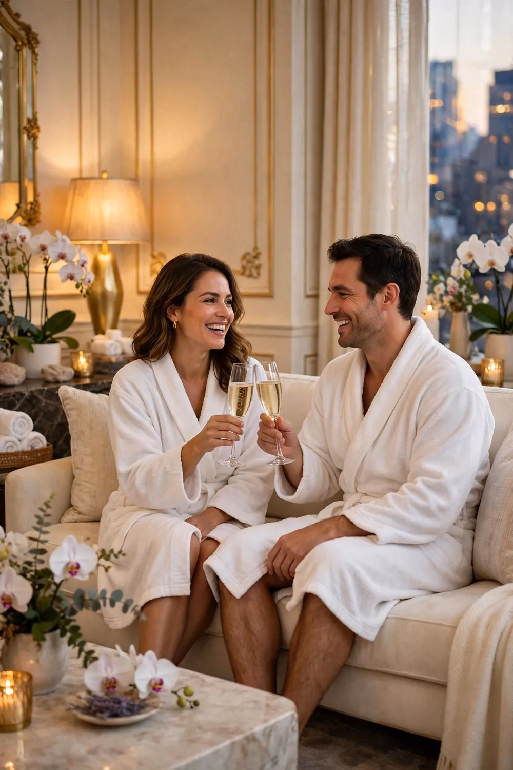 Couples massage in NYC — couple relaxing in spa robes at Eureka Body Care & Spa in Midtown Manhattan