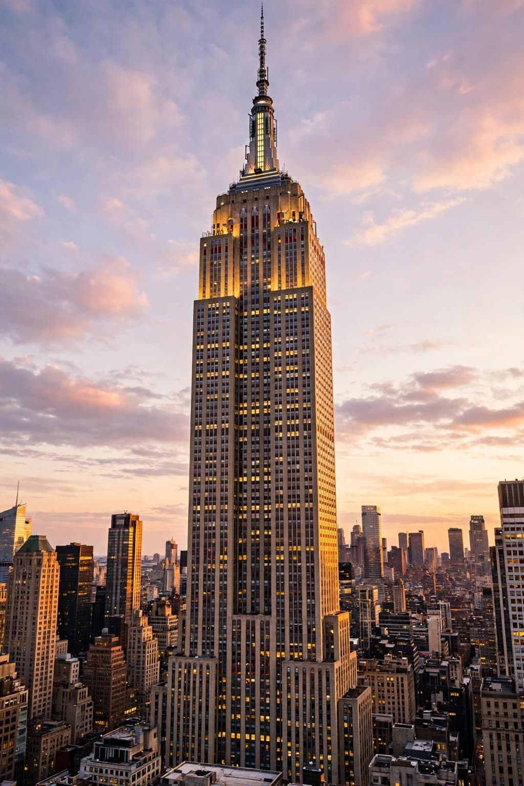 Empire State Building at golden hour, two blocks from Eureka Body Care & Spa in Midtown Manhattan