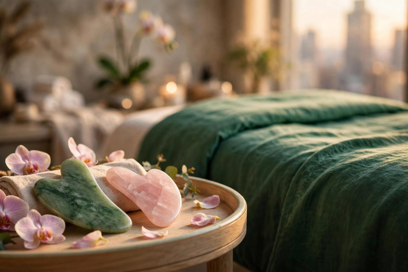 Jade gua sha stones for facial treatment at Eureka Body Care and Spa NYC