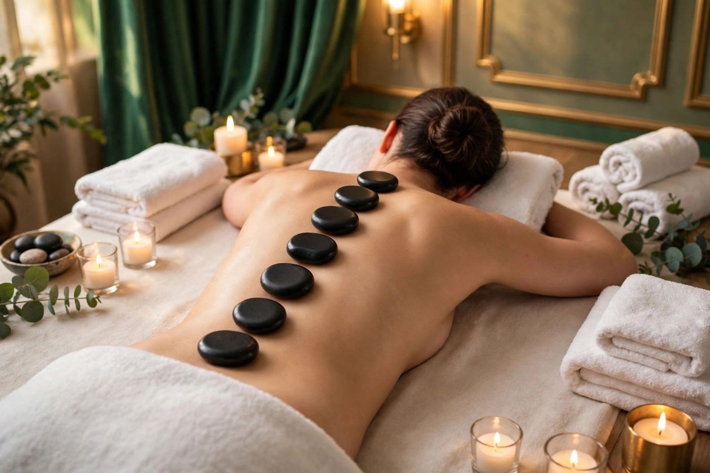 Warm basalt stones during a hot stone massage at Eureka Body Care and Spa NYC