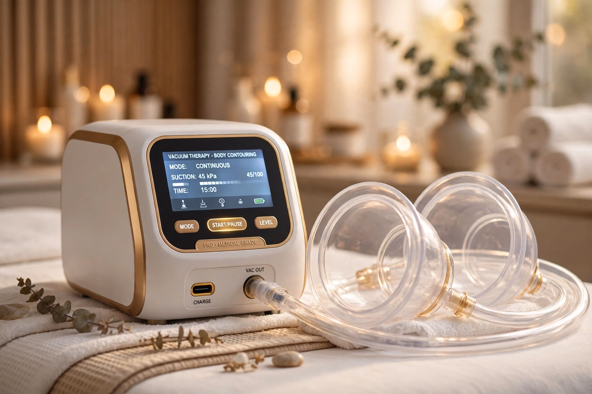 Professional vacuum therapy cupping machine with large sculpting cups used for non-surgical butt lift