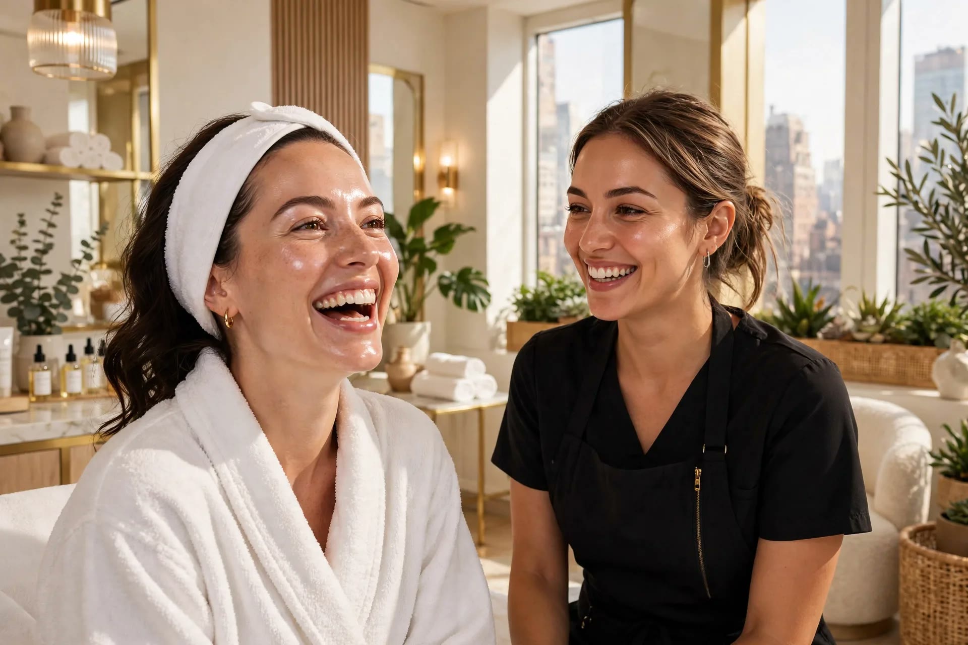 Happy client and esthetician smiling at Eureka Body Care and Spa