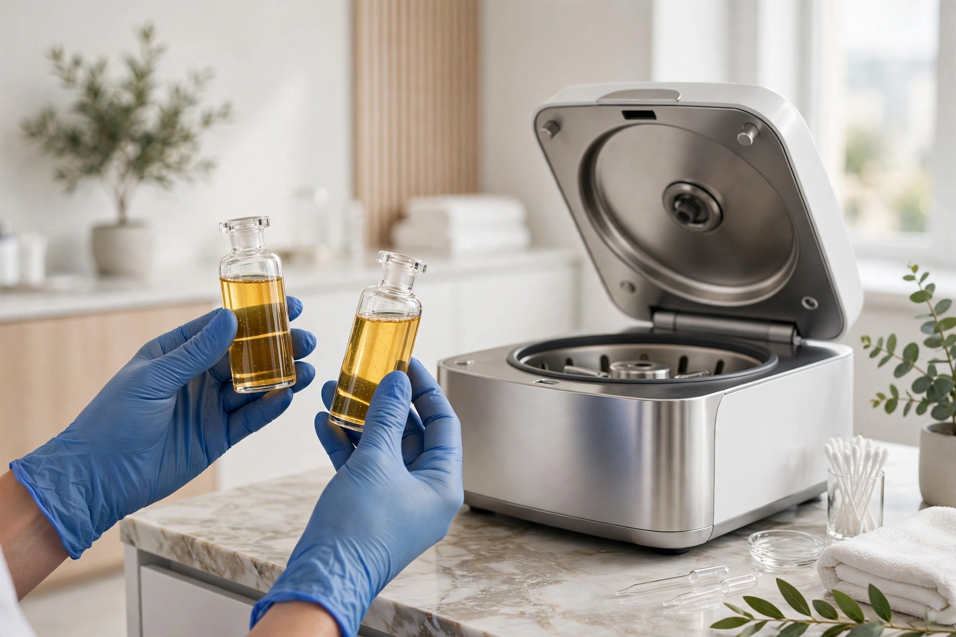 Golden platelet-rich plasma vials and centrifuge at Eureka Body Care & Spa NYC