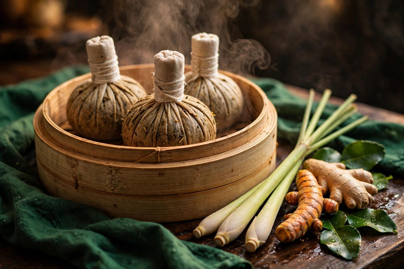 Thai herbal compress balls steaming in a bamboo steamer with lemongrass, turmeric and ginger